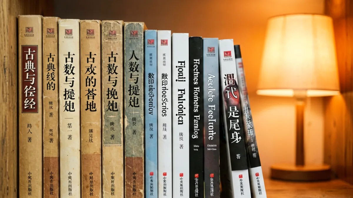 书架上并排摆放的黄色小说中文版与英文版，背景是温暖的台灯光线