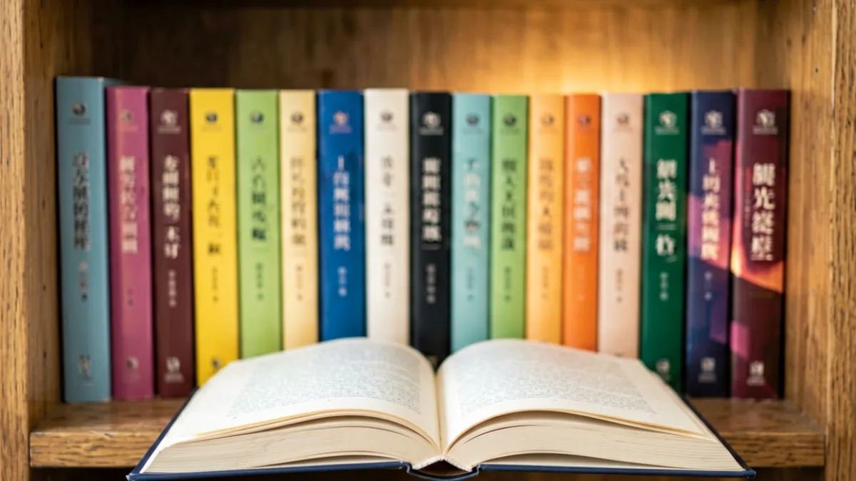 黄色小说门户首页封面图，展示多种题材书籍排列在书架上，光线温暖而富有层次感