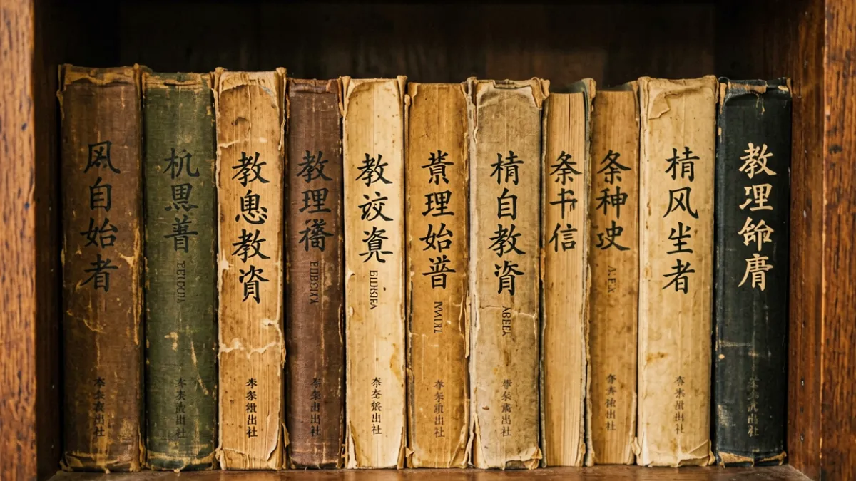 一排古旧书籍摆放在木质书架上，封面印有不同文字，展示黄色小说的历史文本形态