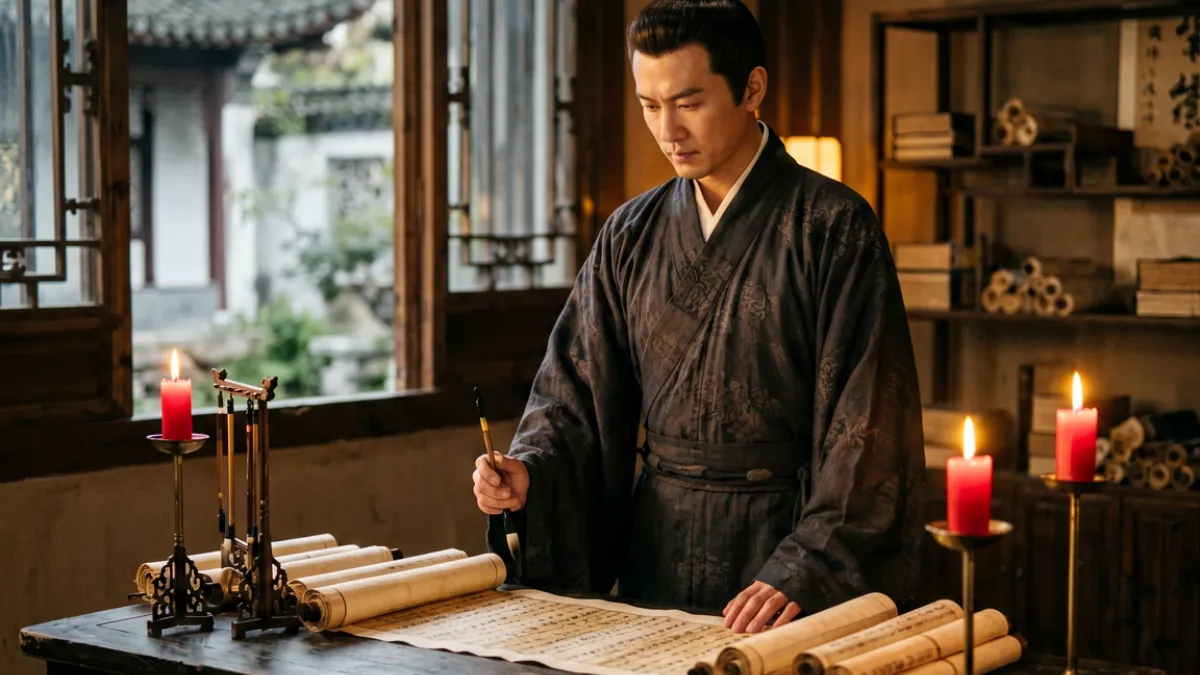 黄色小说 - 古代权谋风格小说场景图，男主角身着长袍站在书房内，烛光映照案上书卷