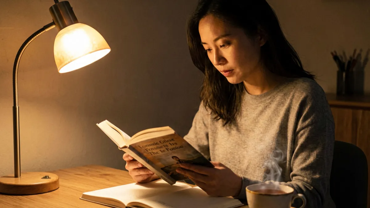 一位读者坐在台灯下翻阅黄色小说，书桌上摆着笔记本和一杯茶，氛围温暖私密